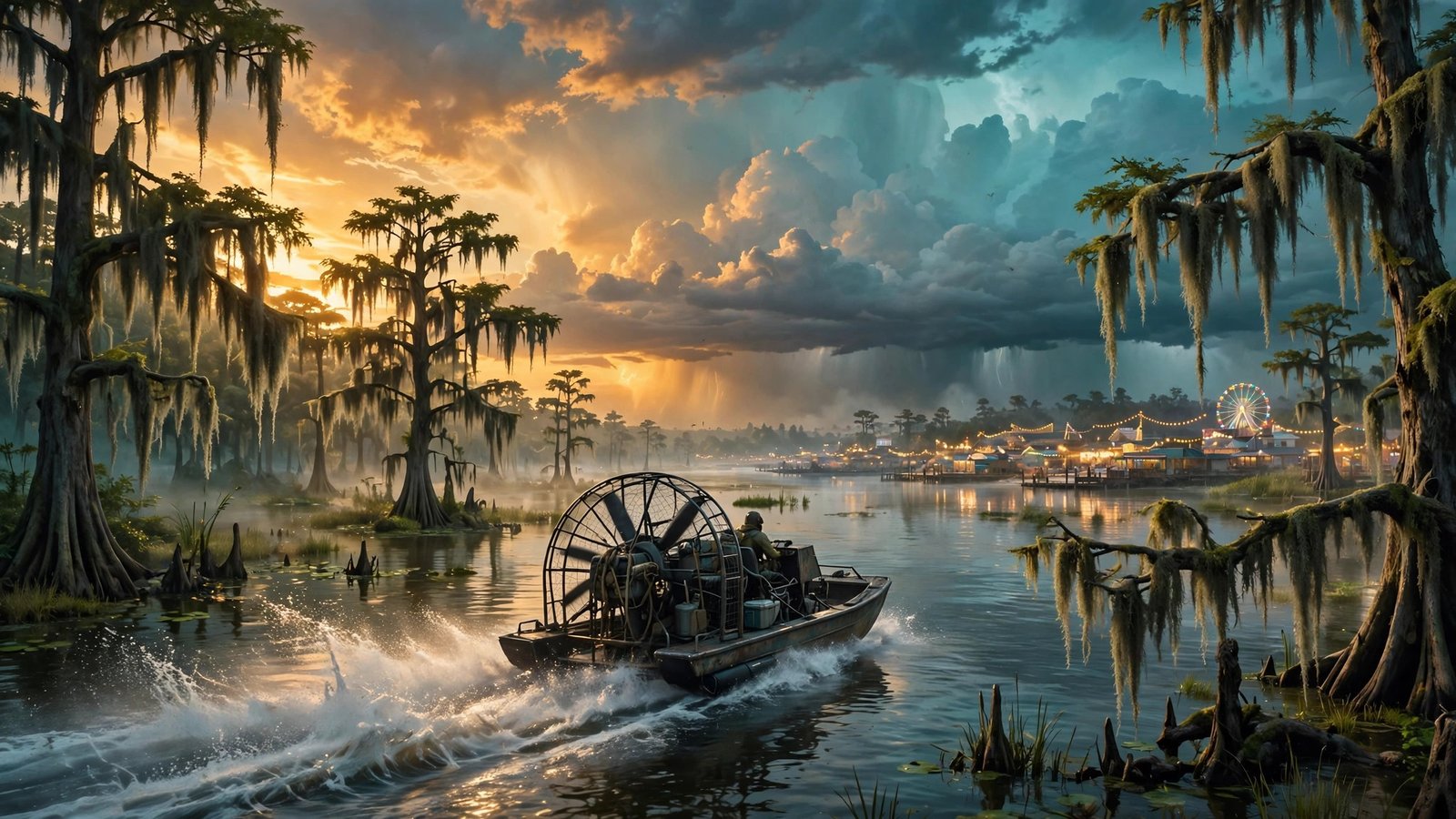 Airboat skimming across a misty Leonida bayou at sunset — GTA 6 style desktop wallpaper