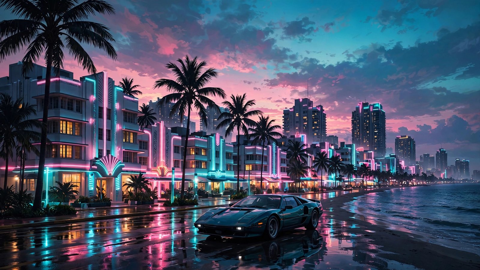 Vice City shoreline at dusk with neon art-deco hotels, palm trees and a sports car on a wet street — GTA 6 style desktop wallpaper