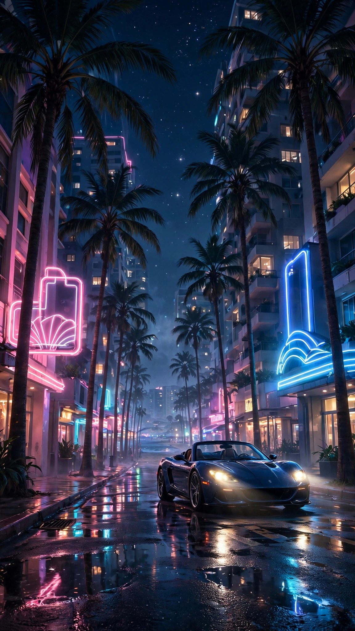 Neon-lit Vice City-style street at night with palm trees and a sports car — GTA 6 style phone wallpaper